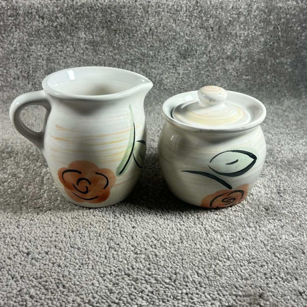 Pfaltzgraff Tango Rimed Sugar & Creamer Tea Rose Floral Stoneware White